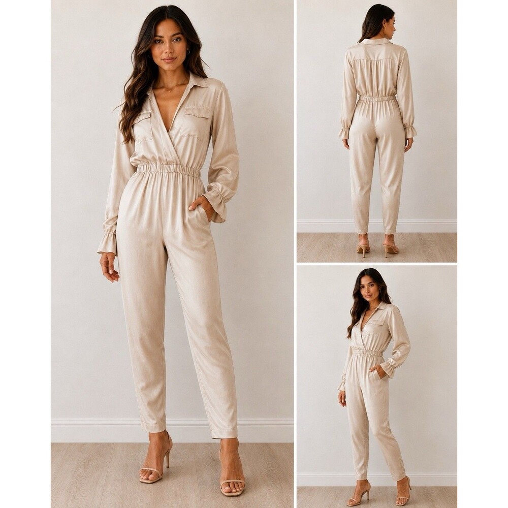 Ramy Brook Josephine Satin Jumpsuit Champagne Beige Holiday NYE Party $525 MRSP